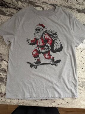 Gray Tee with Skateboarding Santa Graphic